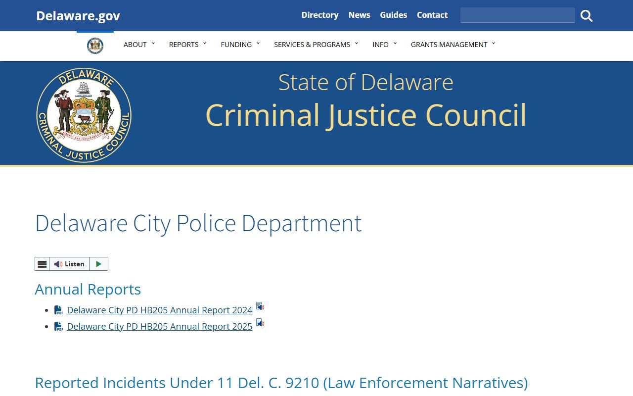Delaware Criminal Justice Council Delaware City PD transparency page