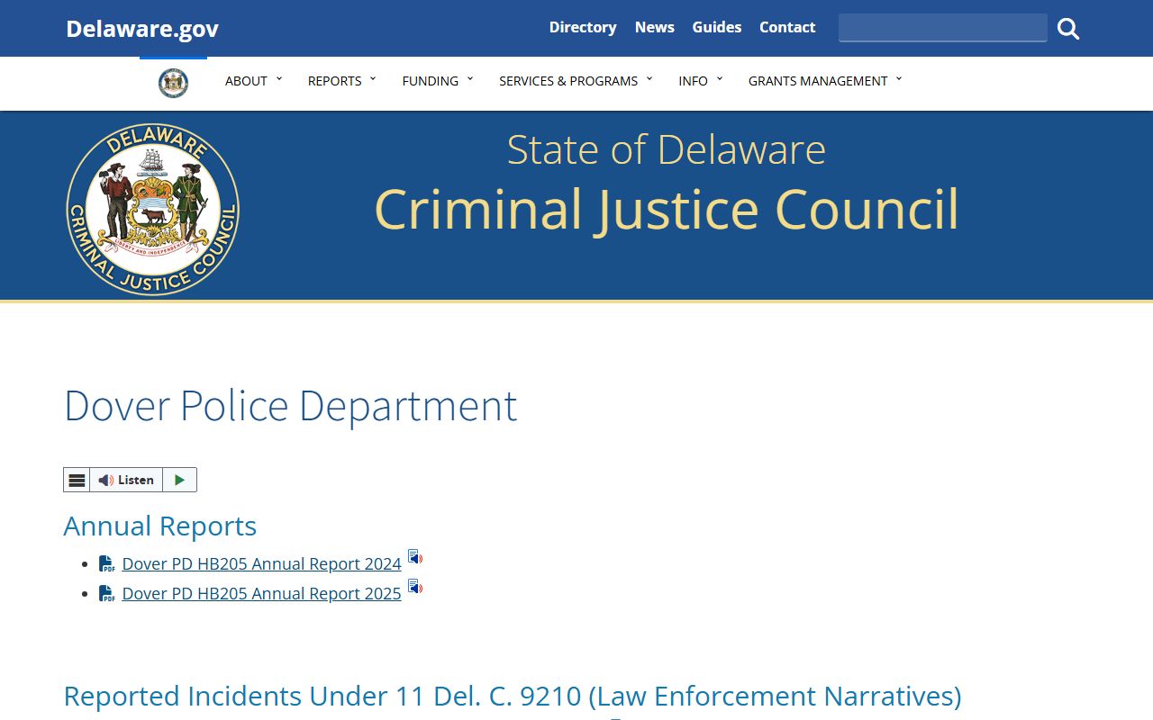 Delaware Criminal Justice Council Dover PD disclosures page for recent arrests