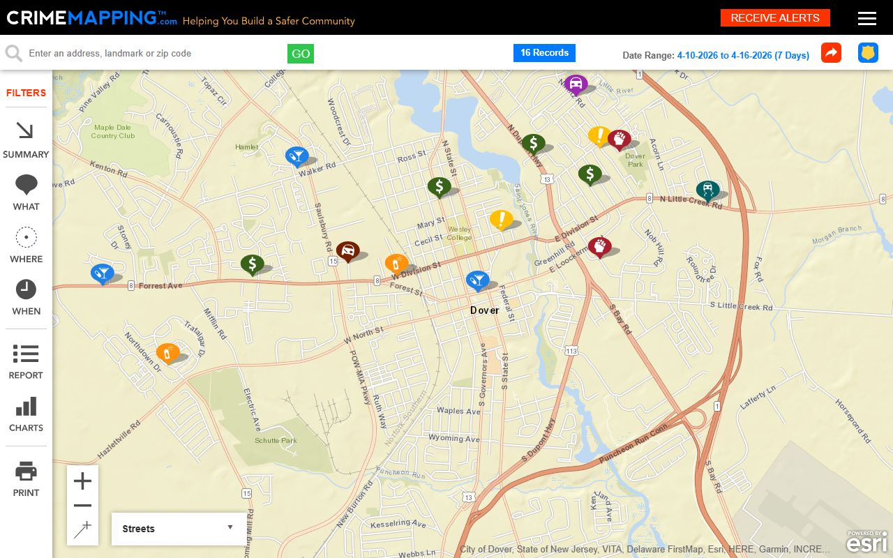 Dover crime mapping database showing recent arrests and incidents
