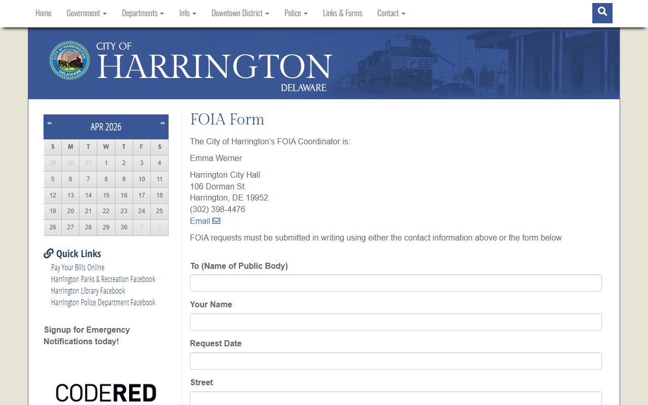 Harrington FOIA request page for arrest records