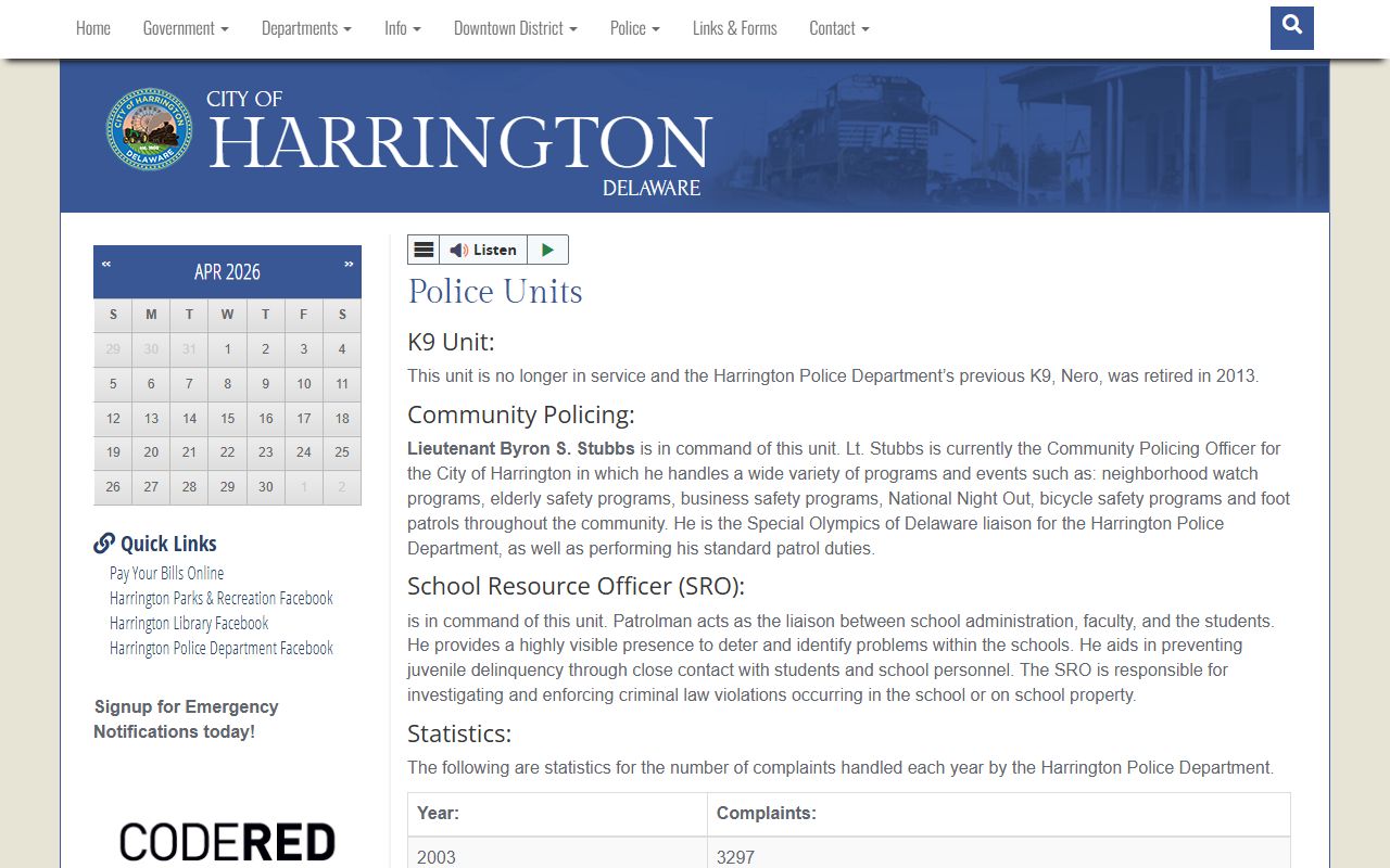 Harrington Police units and arrest statistics page