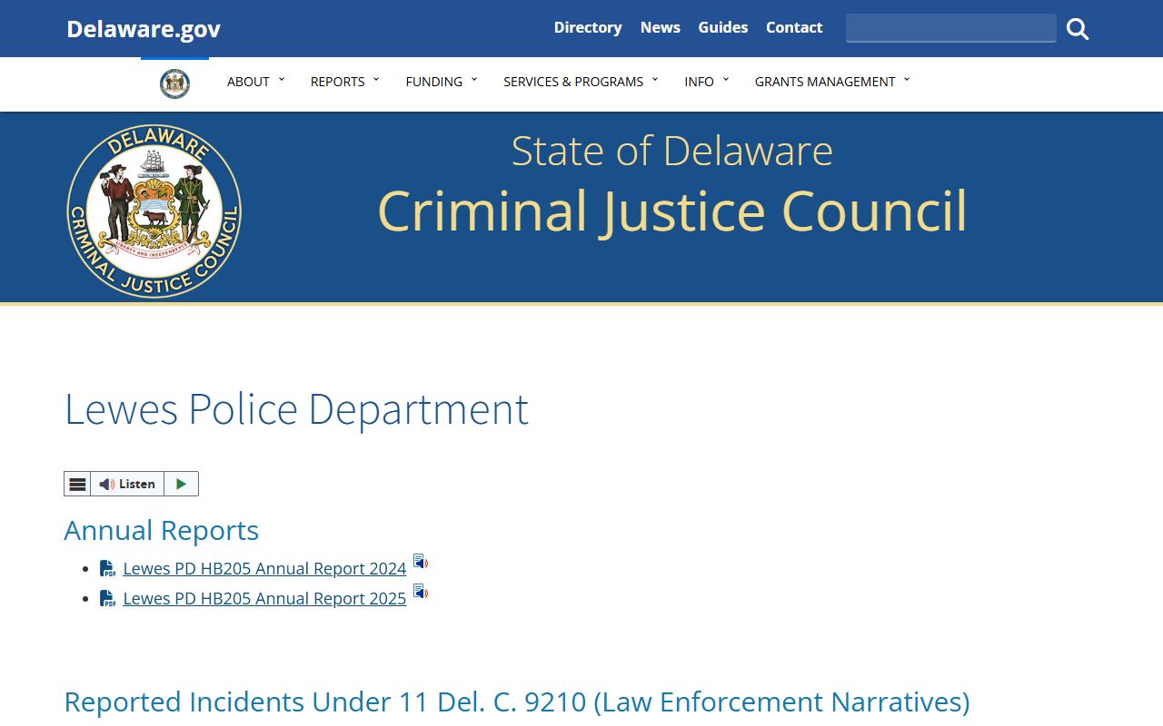 Delaware Criminal Justice Council Lewes PD disclosures for recent arrests