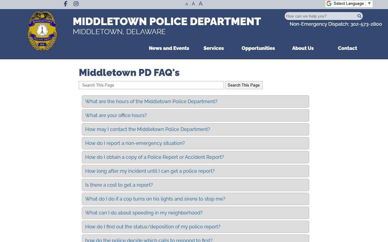 Middletown Police FAQ page for arrest records