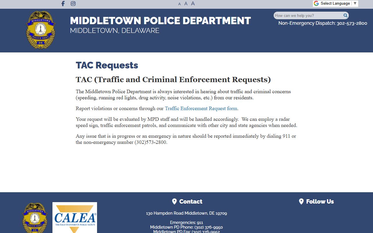 Middletown Police traffic and criminal enforcement requests