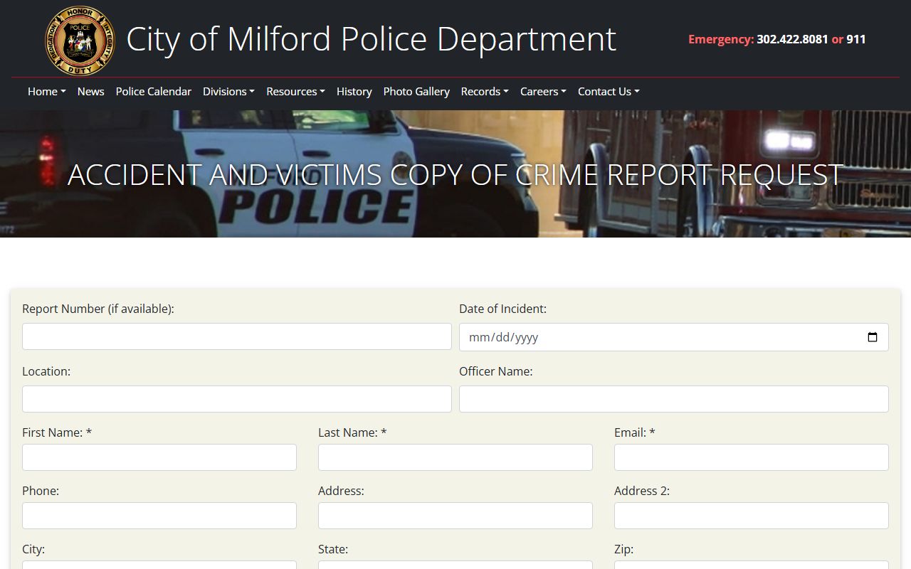 Milford Police accident and crime report request for recent arrests