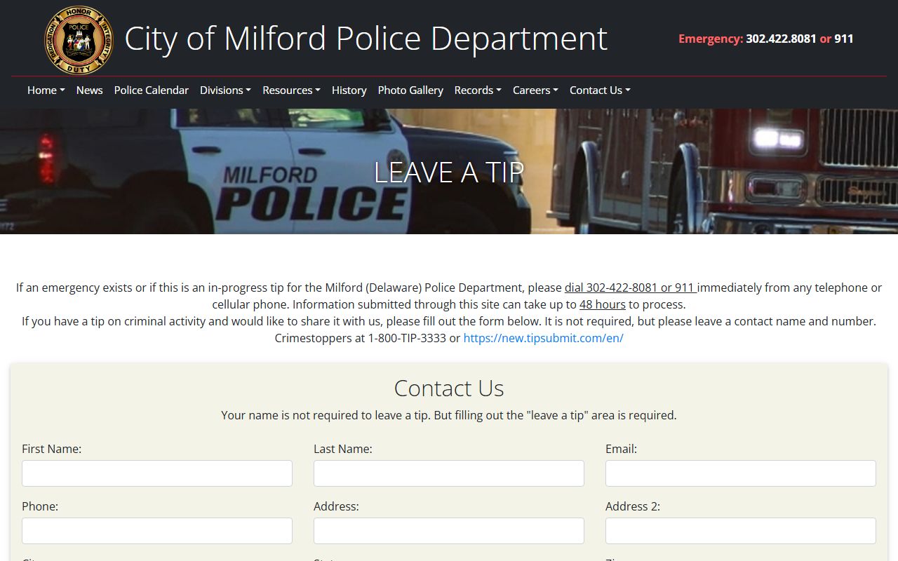 Milford Police contact and leave a tip page for arrest info