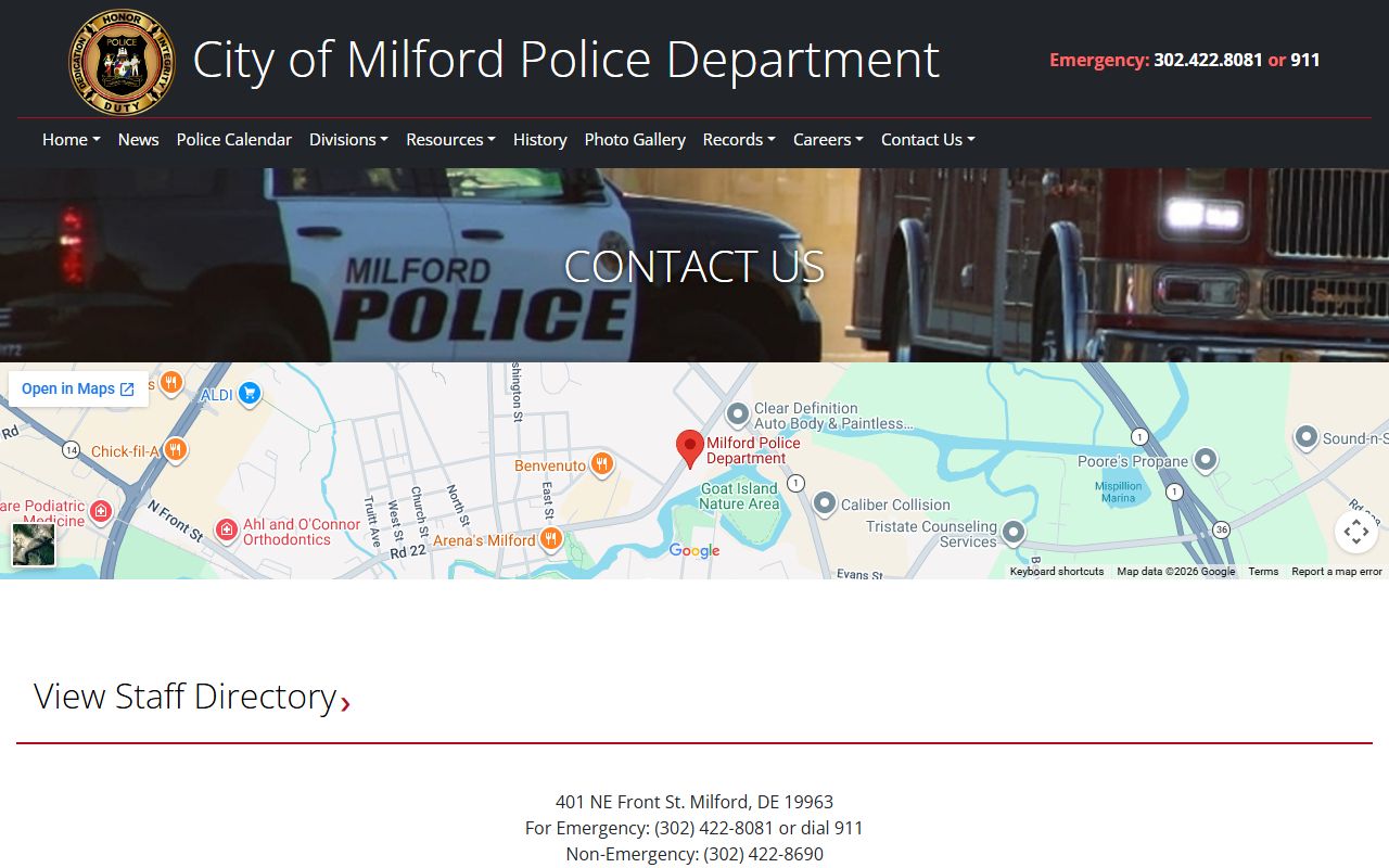 Milford Police Department contact page for recent arrests