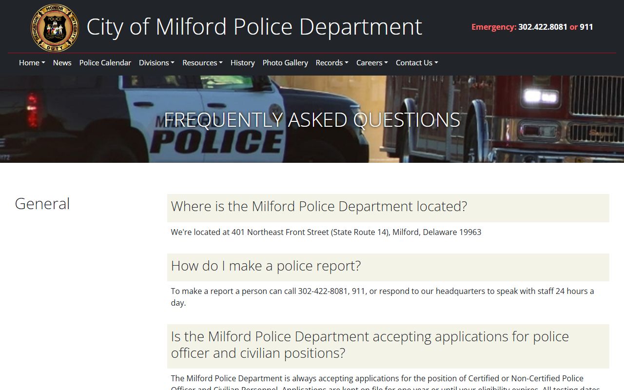 Milford Police Department FAQ page recent arrests