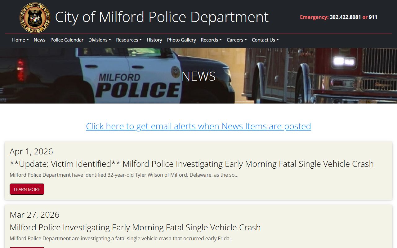 Milford Police Department news page for recent arrests