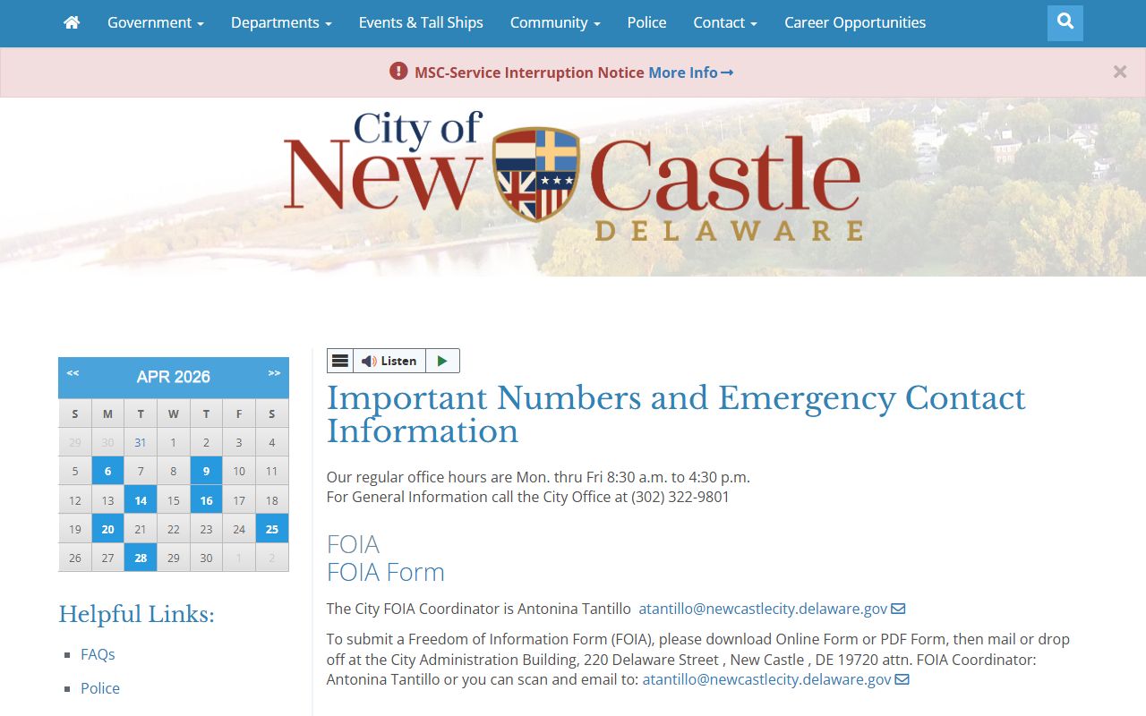 City of New Castle FOIA request and emergency contacts for arrest records
