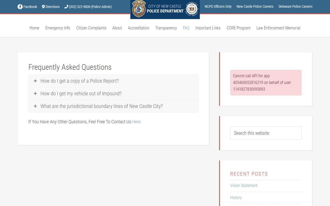New Castle Police FAQ page for recent arrests reports