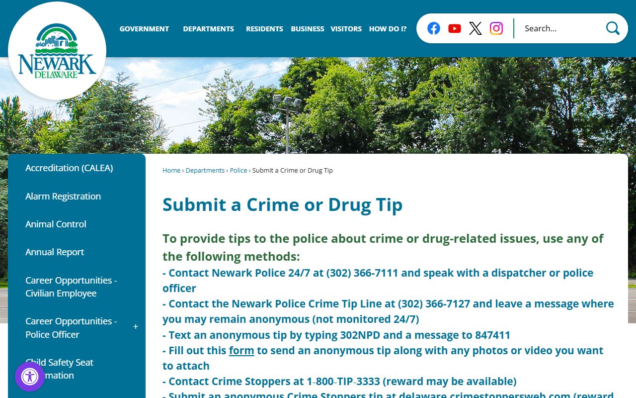 Newark police crime tips page for anonymous arrest tips
