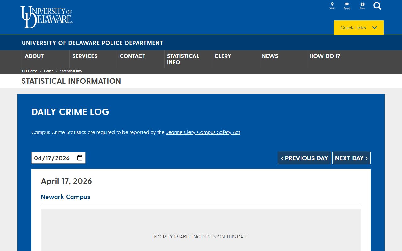 University of Delaware daily crime log Newark recent arrests