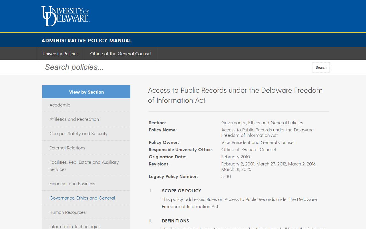 University of Delaware FOIA policy for Newark police records