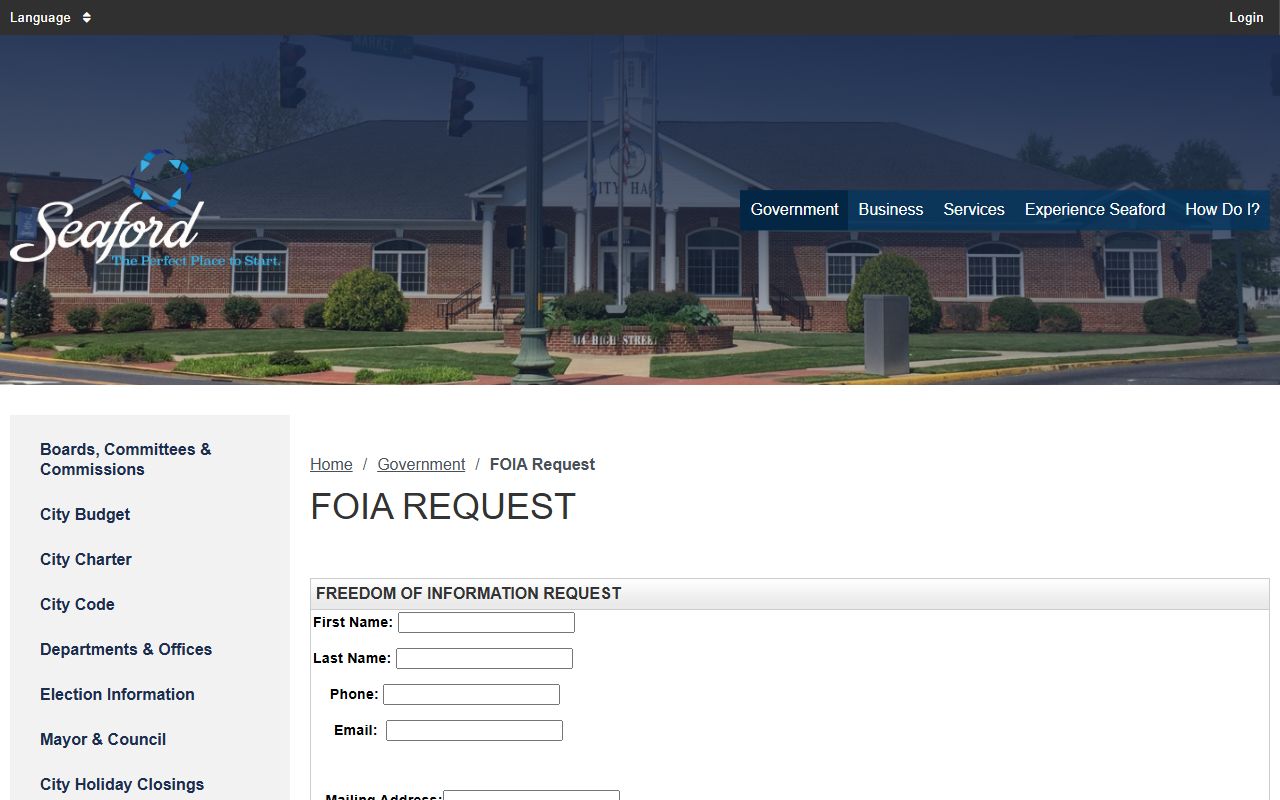 Seaford city FOIA request form for recent arrests records