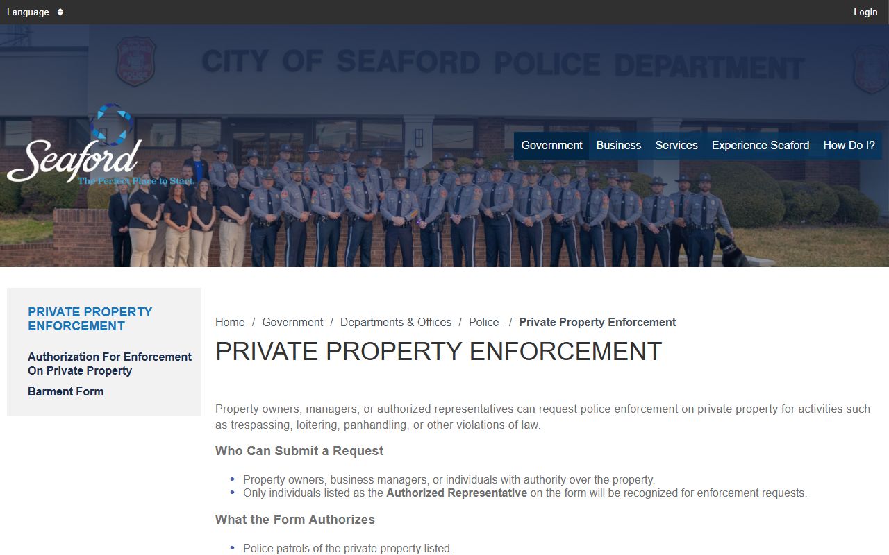 Seaford Police private property enforcement policy