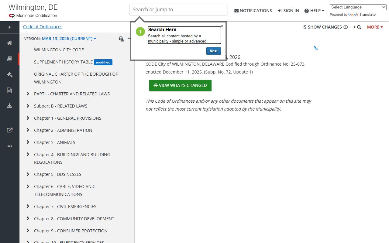 City of Wilmington municipal code for recent arrests and ordinance charges