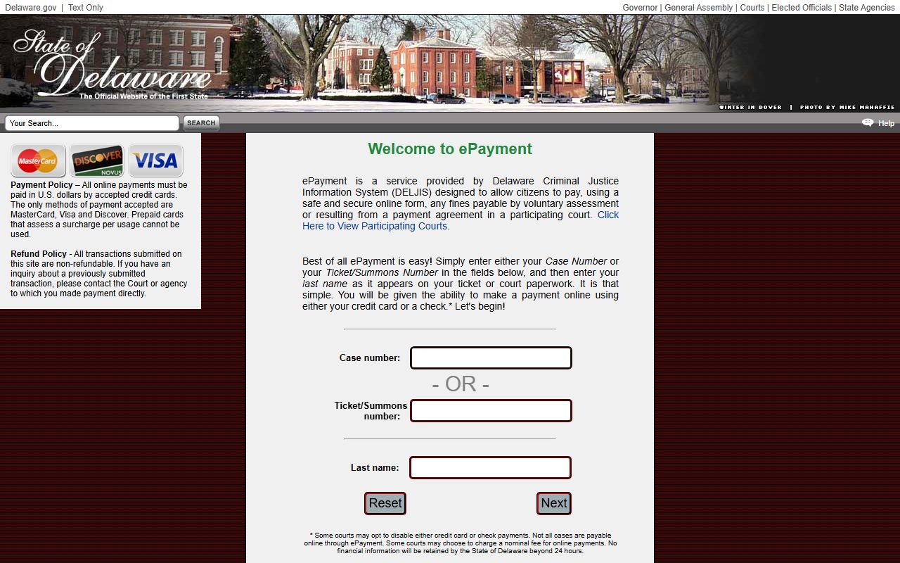 DELJIS ePayment portal for New Castle County court fines