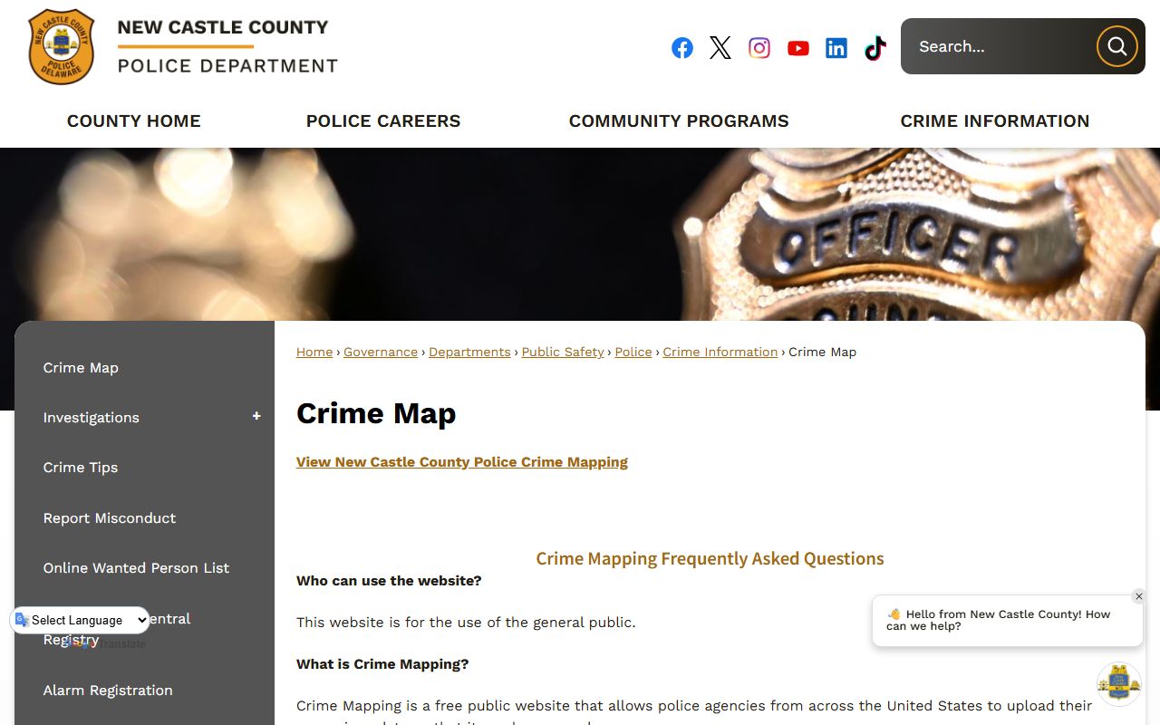 New Castle County crime map showing recent arrests and incidents