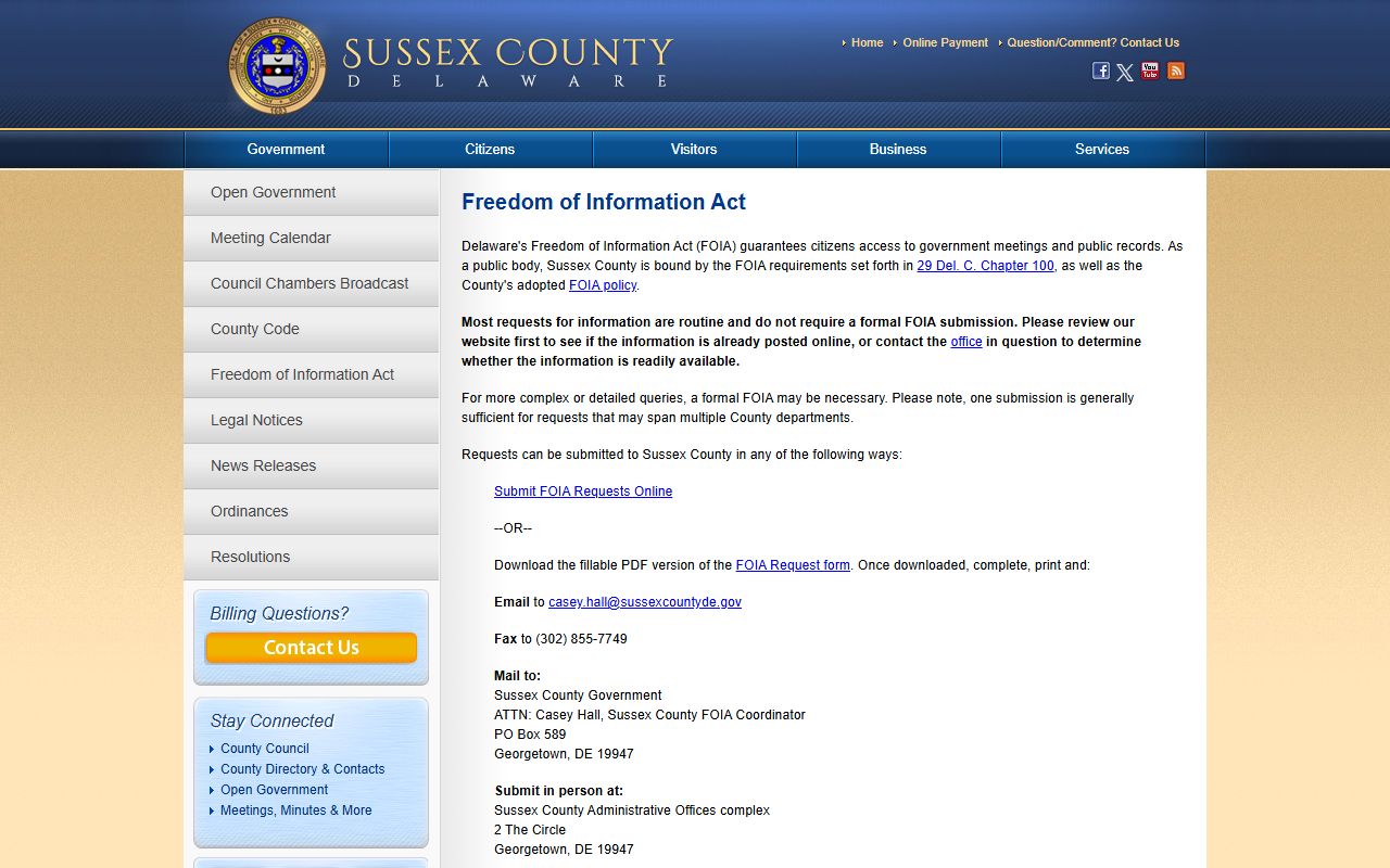 Sussex County FOIA page arrest records request