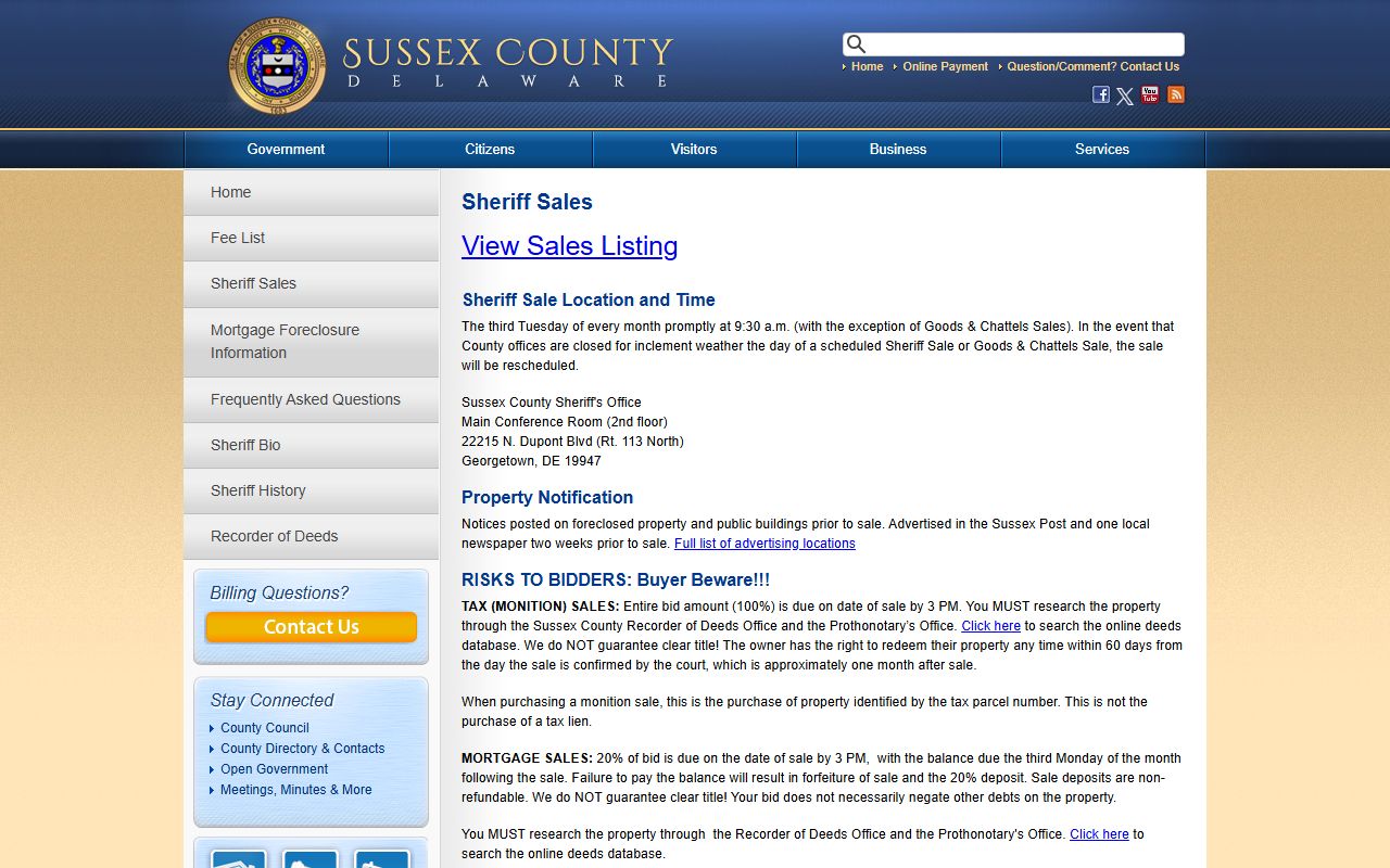 Sussex County Sheriff Sales page