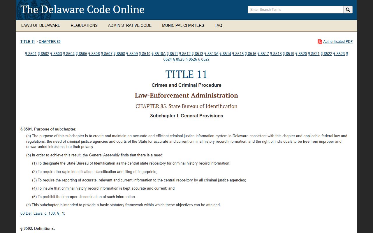 Delaware Code statutes governing criminal records and arrest history
