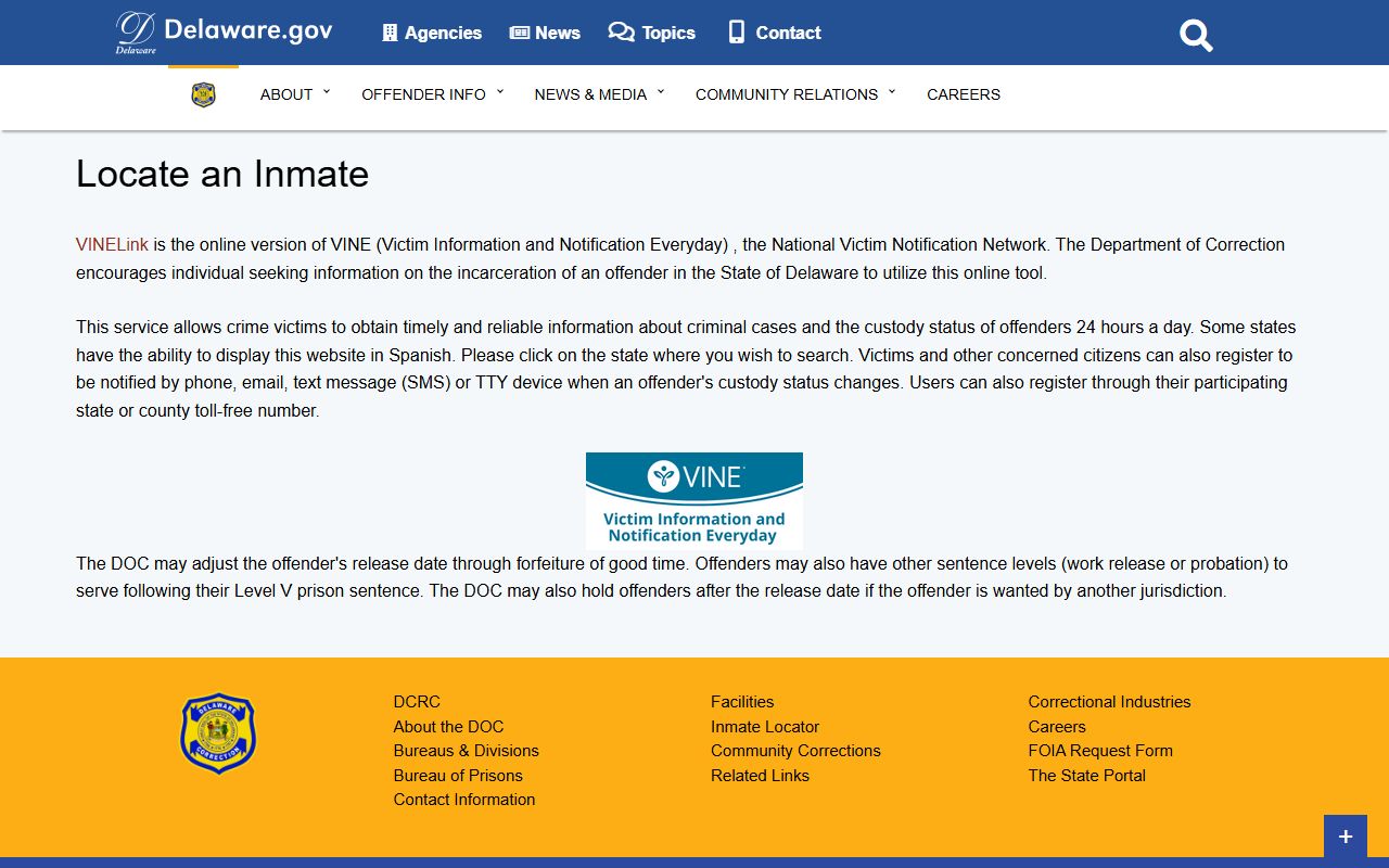 Delaware Department of Correction inmate locator VINELink page