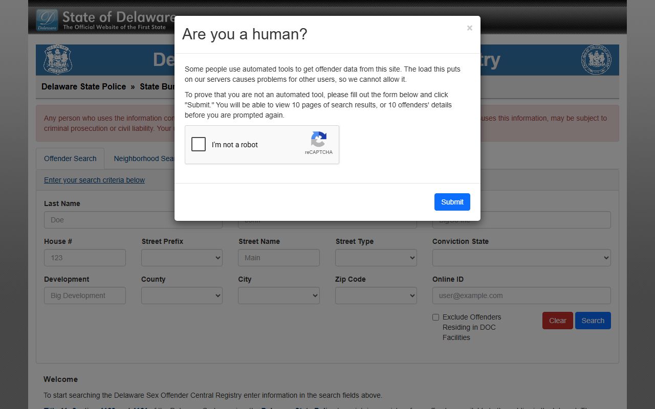 Delaware Sex Offender Central Registry search and map