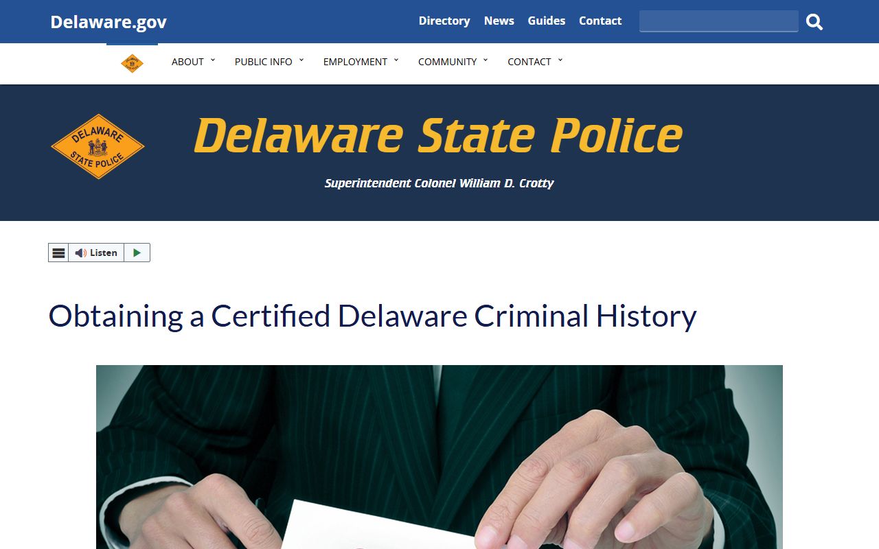 Delaware State Bureau of Identification criminal history and arrest records page