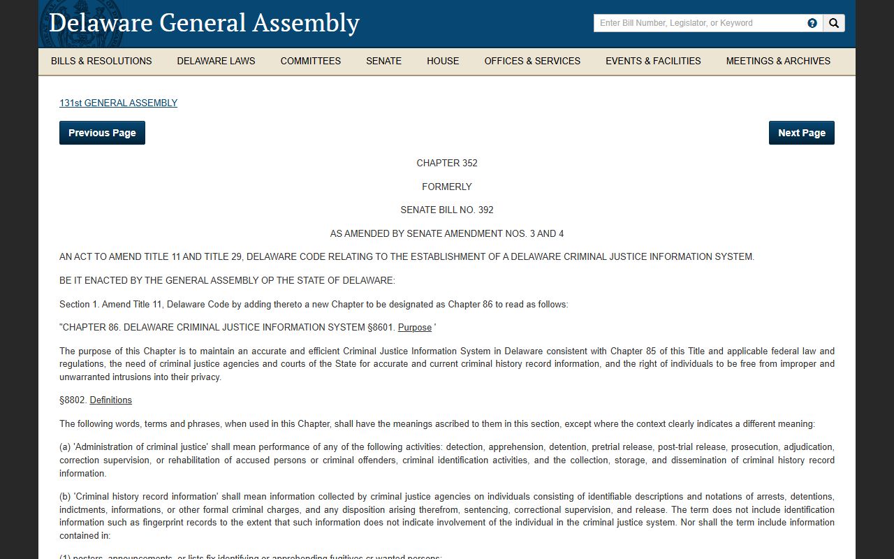 Delaware Code Title 11 Chapter 86 DELJIS criminal justice information system