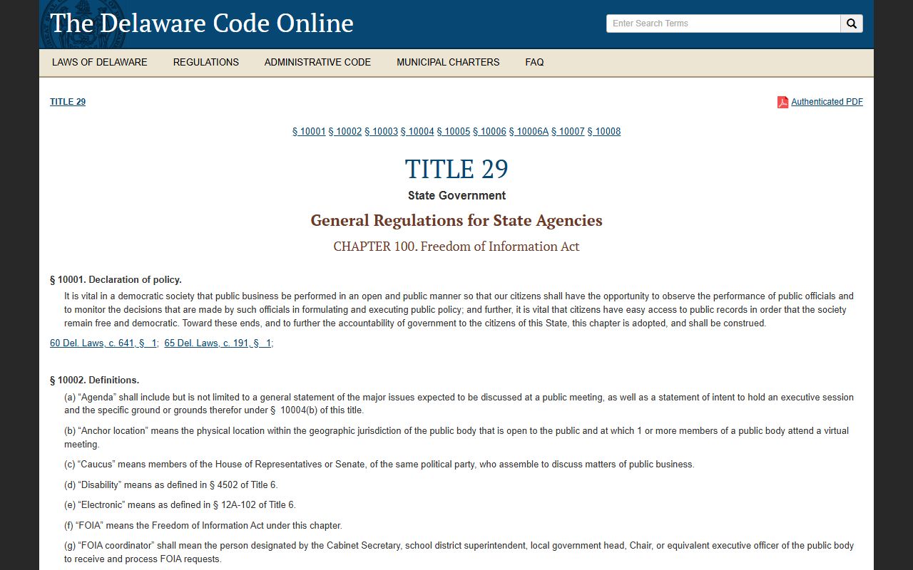 Delaware Code Title 29 Chapter 100 Freedom of Information Act